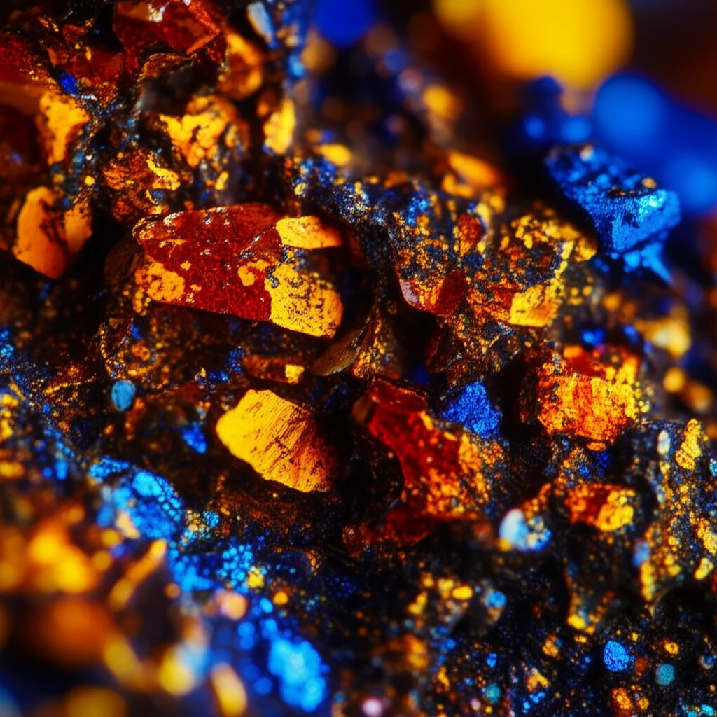 Composizione fotorealistica astratta che mostra uno spettro di colori puri e vibranti (rosso, blu, giallo primari) che emergono da una texture fisica dettagliata simile a cristallo o roccia fratturata, illuminazione drammatica che crea forti contrasti e mette in risalto sia la qualità intrinseca del colore sia la sua apparente origine materiale, obiettivo macro 85mm, alta definizione, simboleggiando l'unione tra la natura primitiva e qualitativa del colore e il suo fondamento nel mondo fisico secondo il primitivismo fisicalista.
