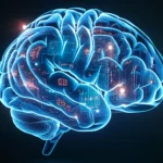 Illustrazione concettuale di un cervello digitale che elabora dati medici da una scansione TC polmonare, simboleggiando l'apprendimento semi-supervisionato debole. Macro lens, 100mm, high detail, precise focusing, illuminazione drammatica con contrasti netti.