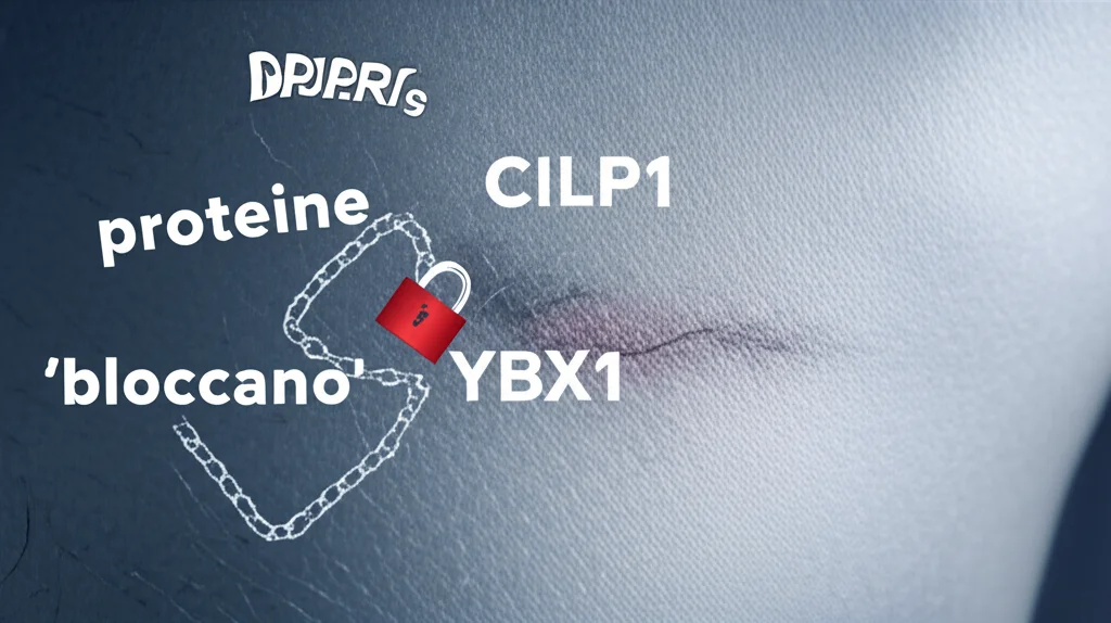 Immagine fotorealistica concettuale: una cicatrice ipertrofica visibile su pelle chiara, con una sovrapposizione grafica stilizzata che illustra le proteine CILP1 e YBX1 che 'bloccano' (simbolo di lucchetto o catena) i recettori PPARs. Illuminazione drammatica laterale, obiettivo prime 35mm, effetto duotone blu e grigio per un'atmosfera scientifica e seria, profondità di campo per mettere a fuoco la cicatrice e l'interazione proteica.