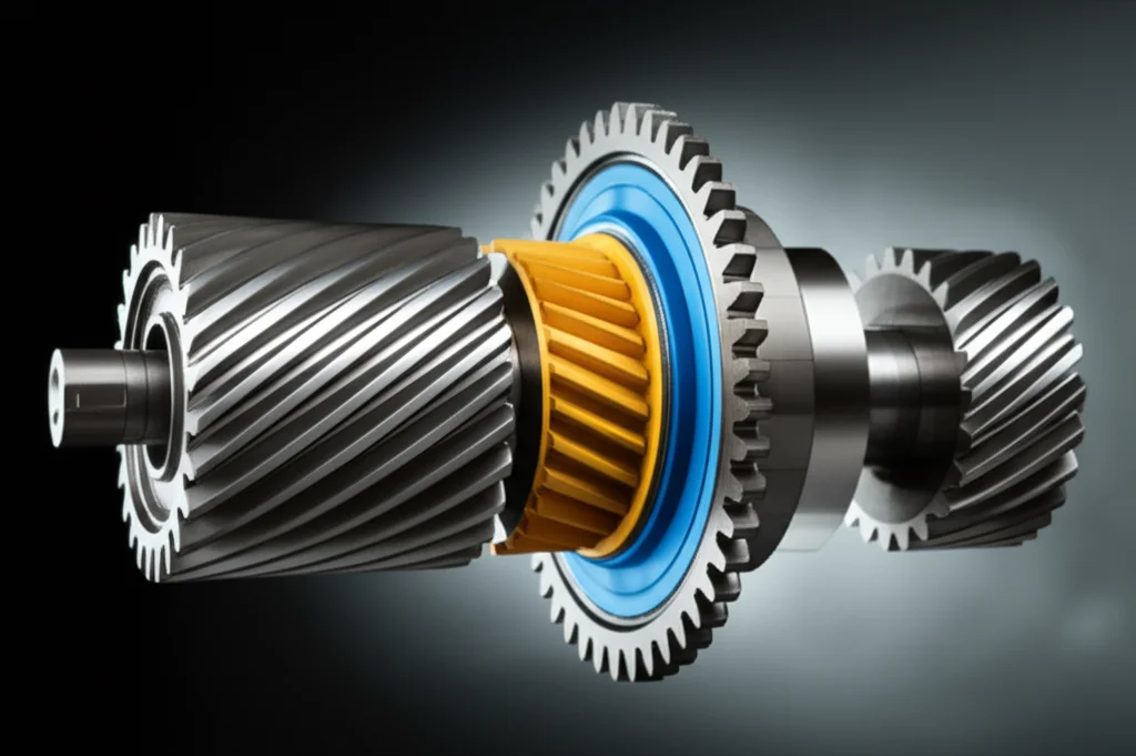 Immagine fotorealistica di un complesso sistema di ingranaggi a spina di pesce con anima elastica in sezione, evidenziando l'interazione tra le parti metalliche lucide e il materiale elastico di colore contrastante. Illuminazione da studio con softbox per minimizzare le ombre dure e accentuare i riflessi, obiettivo macro 90mm, dettagli estremamente nitidi, leggero effetto bokeh sullo sfondo per concentrare l'attenzione sull'ingranaggio. Stile still life industriale.