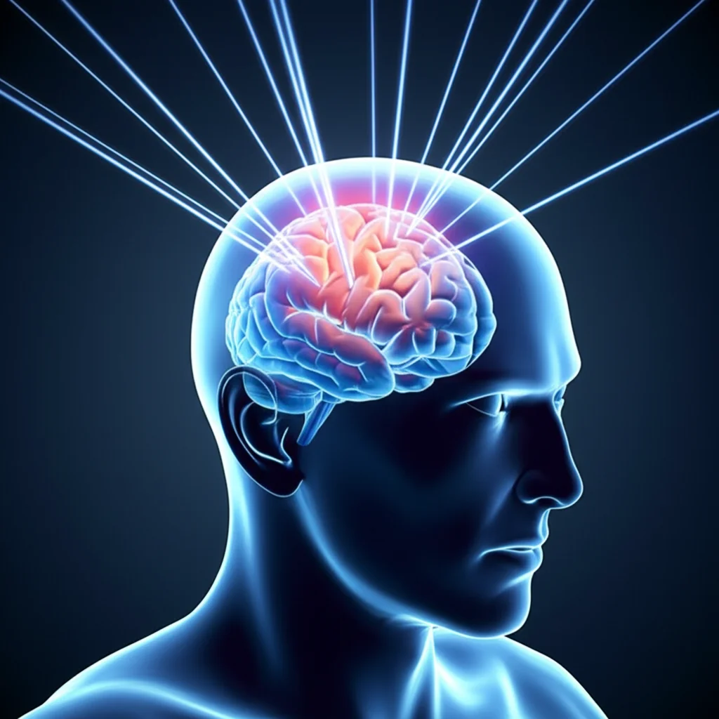 Immagine simbolica fotorealistica con lente grandangolare (10mm) che mostra fasci di luce convergenti (simbolo della radioterapia) che colpiscono con precisione un modello stilizzato di cervello con un'area evidenziata (il tumore). Messa a fuoco nitida, illuminazione controllata, sfondo scuro per enfatizzare i fasci di luce.