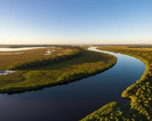 Paesaggio del basso fiume Apalachicola, Florida, che mostra il suo corso serpeggiante e le aree deltizie, fotografia paesaggistica, obiettivo grandangolare 15mm, luce naturale del tardo pomeriggio, messa a fuoco nitida, acqua liscia con lunga esposizione.