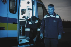 Ritratto di un paramedico stanco ma determinato accanto a un'ambulanza dopo un intervento di arresto cardiaco, obiettivo 35mm, profondità di campo ridotta che sfoca lo sfondo, illuminazione drammatica al tramonto, toni bicromatici blu e grigio per enfatizzare l'emozione.