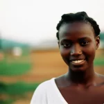 Un ritratto di una giovane ragazza burundese che sorride timidamente ma con speranza, con sullo sfondo sfocato un paesaggio rurale del Burundi al tramonto. Prime lens, 35mm, depth of field, film look con grana leggera, colori caldi.