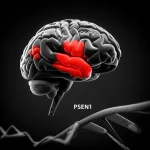 Visualizzazione 3D del cervello umano con aree evidenziate in rosso che indicano i percorsi motori colpiti dalla paraparesi spastica, sovrapposta a una rappresentazione stilizzata del gene PSEN1. Illuminazione drammatica, stile cinematografico noir, profondità di campo, prime lens 35mm, film noir, black and white film.