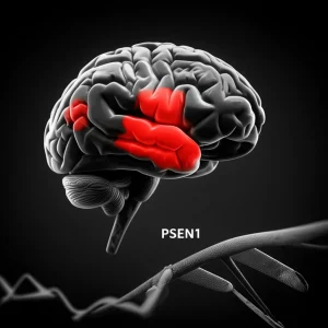 Visualizzazione 3D del cervello umano con aree evidenziate in rosso che indicano i percorsi motori colpiti dalla paraparesi spastica, sovrapposta a una rappresentazione stilizzata del gene PSEN1. Illuminazione drammatica, stile cinematografico noir, profondità di campo, prime lens 35mm, film noir, black and white film.