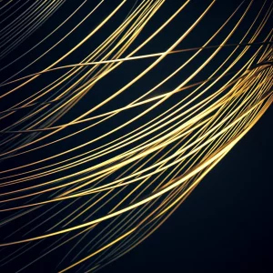 Visualizzazione astratta e fotorealistica di una 3-varietà complessa come S^3 o RP^3, con linee di campo del rotore evidenziate come nastri luminosi intrecciati, obiettivo prime 35mm, profondità di campo ridotta per isolare la struttura, illuminazione drammatica stile film noir, duotone blu scuro e oro brillante.