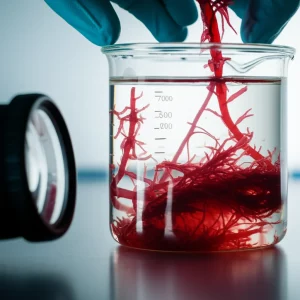 A scientist in a lab coat examining a beaker containing vibrant red Gracilaria gracilis seaweed biomass submerged in a liquid, using a macro lens at 60mm with precise focusing and controlled lighting.