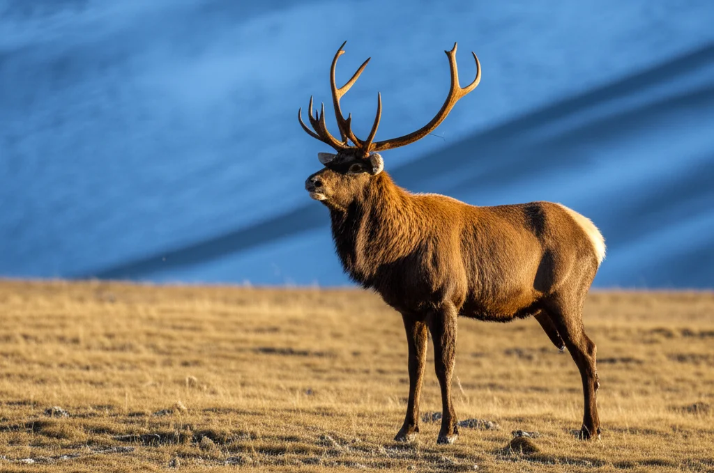 Fotografia naturalistica di un maestoso cervo dalle labbra bianche (Przewalskium albirostris) maschio adulto in piedi su un pendio erboso dell'altopiano del Qinghai-Tibet, teleobiettivo 400mm, luce dorata del tardo pomeriggio, fast shutter speed per catturare dettagli nitidi, sfondo delle montagne innevate leggermente sfocato, action or movement tracking.