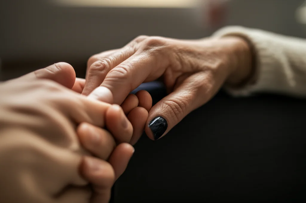 Fotografia realistica, obiettivo 50mm, una mano più giovane stringe delicatamente la mano di una persona anziana e visibilmente fragile, in un contesto di cure palliative domestiche, luce calda e morbida proveniente da una finestra, profondità di campo che sfoca leggermente lo sfondo, colori naturali ma leggermente desaturati per un tono empatico.