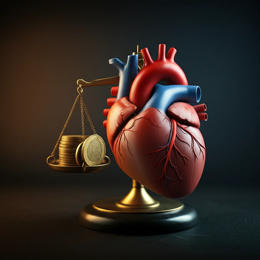 Immagine concettuale che rappresenta l'equilibrio tra costo e beneficio del patiromer per pazienti con scompenso cardiaco e malattia renale cronica in Italia. Potrebbe essere una bilancia stilizzata con da un lato delle monete euro e dall'altro un cuore e un rene sani, con un effetto di luce soffusa. Macro lens, 80mm, high detail, controlled lighting.