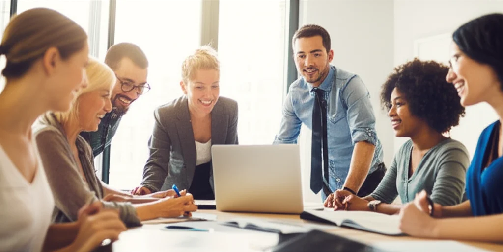 Immagine concettuale che rappresenta un gruppo eterogeneo di persone che collaborano armoniosamente attorno a un tavolo luminoso, simboleggiando l'equità e la razionalità nelle decisioni di gruppo. Fotografia con obiettivo 35mm, luce calda e diffusa, leggera profondità di campo per mettere a fuoco l'interazione positiva e costruttiva tra i membri del gruppo.