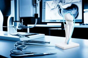 Immagine fotorealistica di un modello 3D di un'articolazione del ginocchio umano su un tavolo da lavoro high-tech, con strumenti chirurgici di precisione e una guida chirurgica stampata in 3D posizionata accanto. Sullo sfondo, uno schermo mostra la pianificazione digitale dell'intervento. Obiettivo prime 35mm, profondità di campo ridotta per focalizzare l'attenzione sul modello e sulla guida, con un leggero duotone blu e argento per un look futuristico e pulito.