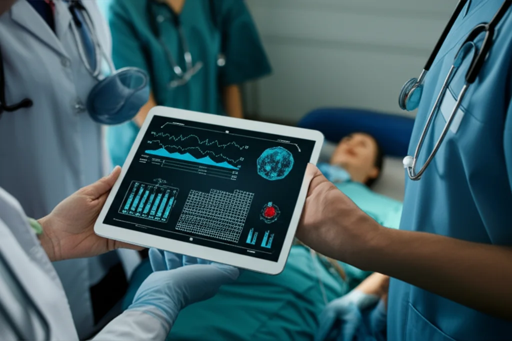 Immagine fotorealistica di un team medico in una sala d'emergenza che utilizza un tablet con interfaccia IA durante una RCP. Lo schermo mostra dati vitali in tempo reale, analisi del ritmo ECG e suggerimenti sulla qualità delle compressioni. Obiettivo prime 35mm, profondità di campo focalizzata sul tablet e sulle mani del medico, illuminazione drammatica da sala operatoria.