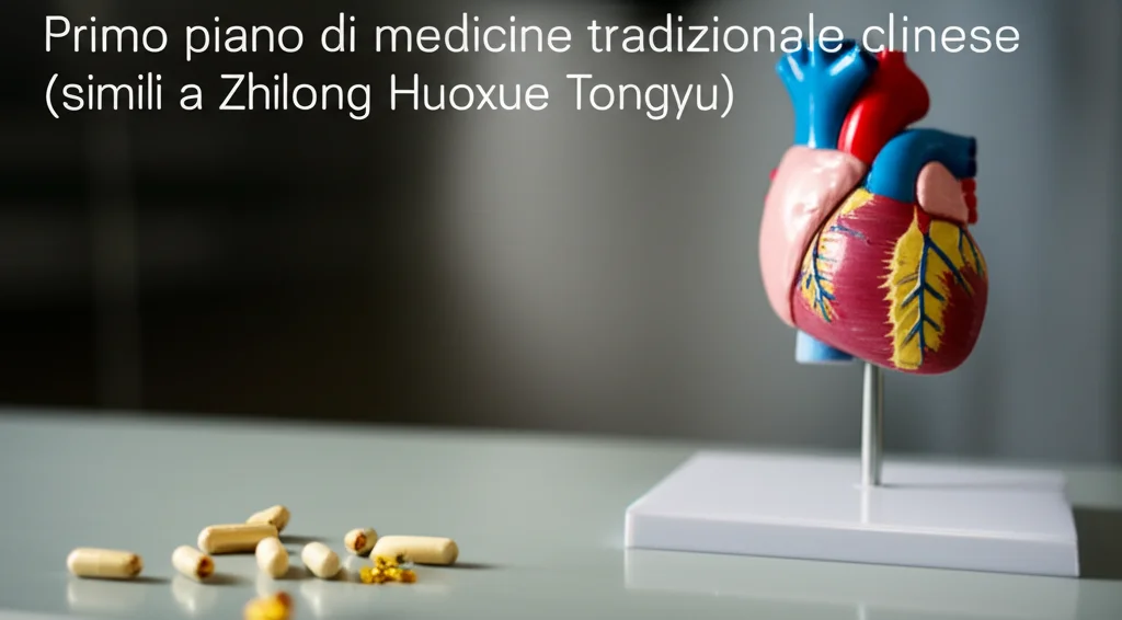 Primo piano di capsule di medicina tradizionale cinese (simili a Zhilong Huoxue Tongyu) accanto a un modello anatomico di cuore umano su un tavolo di laboratorio pulito, luce soffusa, profondità di campo, obiettivo prime 50mm.