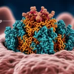 Still life, 100mm macro lens, high detail, precise focusing, controlled lighting, conceptual image showing a tiny molecule (miR-223-3p) acting on a larger inflammatory protein complex (NLRP3) in a cellular environment, representing a therapeutic interaction.