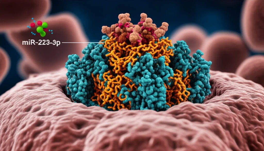 Still life, 100mm macro lens, high detail, precise focusing, controlled lighting, conceptual image showing a tiny molecule (miR-223-3p) acting on a larger inflammatory protein complex (NLRP3) in a cellular environment, representing a therapeutic interaction.