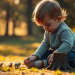 Un bambino è seduto per terra in un parco, completamente assorto nel gioco con piccole figure di animali e un ceppo d'albero in miniatura. La luce dorata del tardo pomeriggio illumina la scena, creando lunghe ombre e un'atmosfera magica. Fotografia ritrattistica, obiettivo 50mm, profondità di campo ridotta per sfocare lo sfondo e concentrare l'attenzione sul bambino e sul suo gioco, espressione di intensa meraviglia e concentrazione.