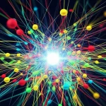 Visualizzazione astratta di una rete neurale complessa che processa simultaneamente diversi tipi di dati (numerici, testuali, immagini) rappresentati da flussi luminosi colorati e interconnessi che convergono verso un nucleo centrale. Stile high-tech, obiettivo 50mm, profondità di campo ridotta per focalizzare sul nucleo, colori vibranti su sfondo scuro.