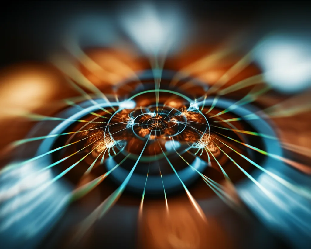 Visualizzazione astratta e intricata di una varietà abeliana complessa, con strutture geometriche che si intersecano suggerendo la scomposizione in sottovarietà. Macro lens, 100mm, high detail, precise focusing, illuminazione da studio che crea ombre morbide e riflessi brillanti, evocando la profondità della teoria matematica.