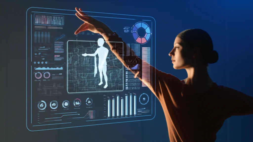 A dancer interacting with a holographic AI display showing movement analysis, wide-angle lens, 24mm, sharp focus, blending technology and traditional art.