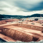 A grandangola, lente da 10 mm, paesaggio di un grande sito di scavo profondo per una grande base di edifici, rivelando strati complessi di strati di suolo e roccia. Le attrezzature da costruzione sono visibili. L'immagine trasmette la scala e la complessità geologica, una lunga esposizione per nuvole lisce.