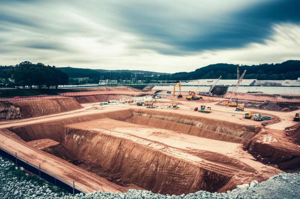 A grandangola, lente da 10 mm, paesaggio di un grande sito di scavo profondo per una grande base di edifici, rivelando strati complessi di strati di suolo e roccia. Le attrezzature da costruzione sono visibili. L'immagine trasmette la scala e la complessità geologica, una lunga esposizione per nuvole lisce.