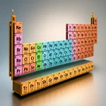 Immagine concettuale della tavola periodica degli elementi che emerge da formule quantistiche astratte, stile macrofotografia 90mm, illuminazione controllata, alta definizione, che simboleggia il dibattito sulle leggi della natura in chimica.