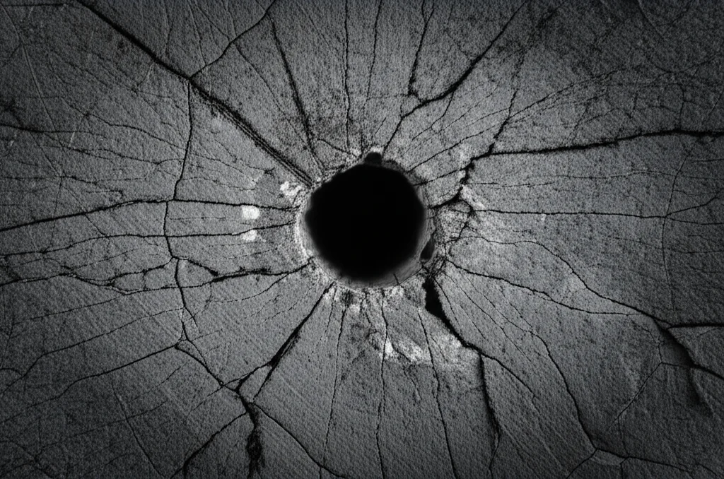 Immagine fotorealistica di una sezione trasversale di un campione di carbone, con un foro di trivellazione al centro. Si notano chiaramente le diverse zone di frattura, deformazione plastica e comportamento elastico del materiale attorno al foro. Lente macro, 100mm, illuminazione da studio per massimizzare i dettagli delle texture e delle microfratture. Profondità di campo ridotta per focalizzare l'attenzione sulla zona di interesse.