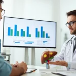 Medico che indica un modello anatomico del fegato con segni di steatosi (ingiallimento) a un paziente preoccupato, in un ambulatorio luminoso. Sullo sfondo, uno schermo mostra grafici relativi a VAI, LAP e FLI. Obiettivo prime 50mm, profondità di campo ridotta per focalizzare sui volti e sul modello, illuminazione naturale morbida.