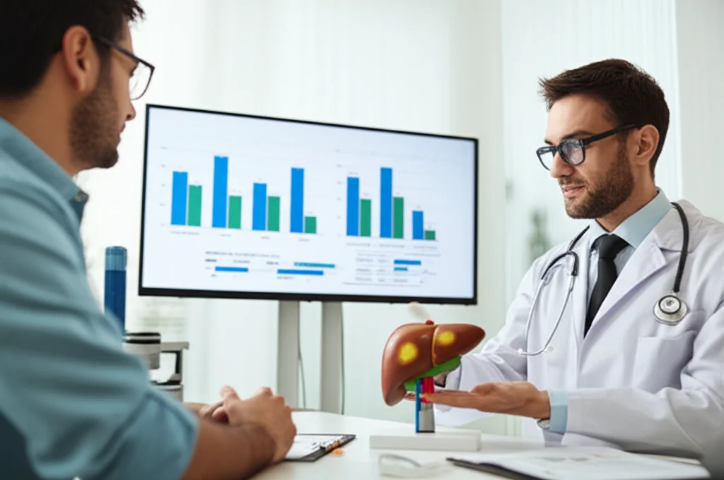 Medico che indica un modello anatomico del fegato con segni di steatosi (ingiallimento) a un paziente preoccupato, in un ambulatorio luminoso. Sullo sfondo, uno schermo mostra grafici relativi a VAI, LAP e FLI. Obiettivo prime 50mm, profondità di campo ridotta per focalizzare sui volti e sul modello, illuminazione naturale morbida.