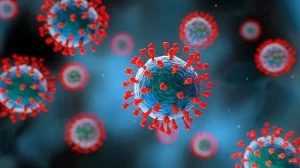 Microscopic view of influenza virus particles being inhibited by a therapeutic agent, macro lens, 105mm, high detail, precise focusing, controlled lighting.