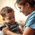 Photorealistic image of a healthcare professional gently interacting with a child with achondroplasia, perhaps in a clinic or home setting, using a 35mm portrait lens with soft lighting and shallow depth of field to convey care and support.