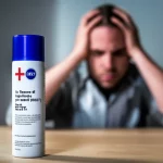 Un flacone di spray repellente per insetti (DEET) in primo piano, con una persona sullo sfondo che si tocca la testa con aria preoccupata, suggerendo un legame tra l'esposizione al DEET e problemi di salute mentale come depressione e disturbi del sonno. Fotografia still life, obiettivo macro 80mm, illuminazione controllata per enfatizzare il flacone.