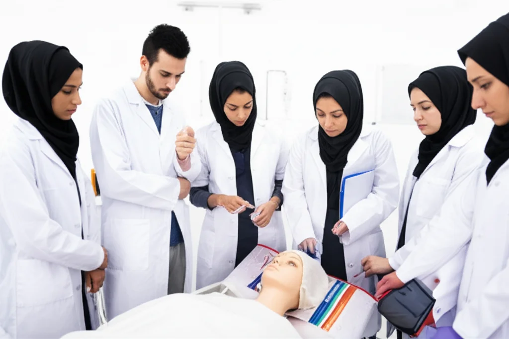 Un gruppo di studenti di infermieristica iraniani, con indosso camici bianchi e alcuni con hijab, sono riuniti attorno a un letto d'ospedale simulato in un laboratorio di competenze cliniche. Un'istruttrice, anch'essa in camice, sta dimostrando una procedura, mentre gli studenti osservano attentamente e prendono appunti. Fotografia di ritratto, obiettivo da 50mm, con profondità di campo per evidenziare l'interazione, illuminazione brillante tipica di un ambiente clinico-educativo.