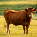 Una maestosa mucca Rossa Polacca in un pascolo estensivo della Polonia, simbolo di resilienza e adattabilità. Obiettivo prime 35mm, luce naturale dorata del tardo pomeriggio, profondità di campo per evidenziare la mucca sullo sfondo di un paesaggio rurale.