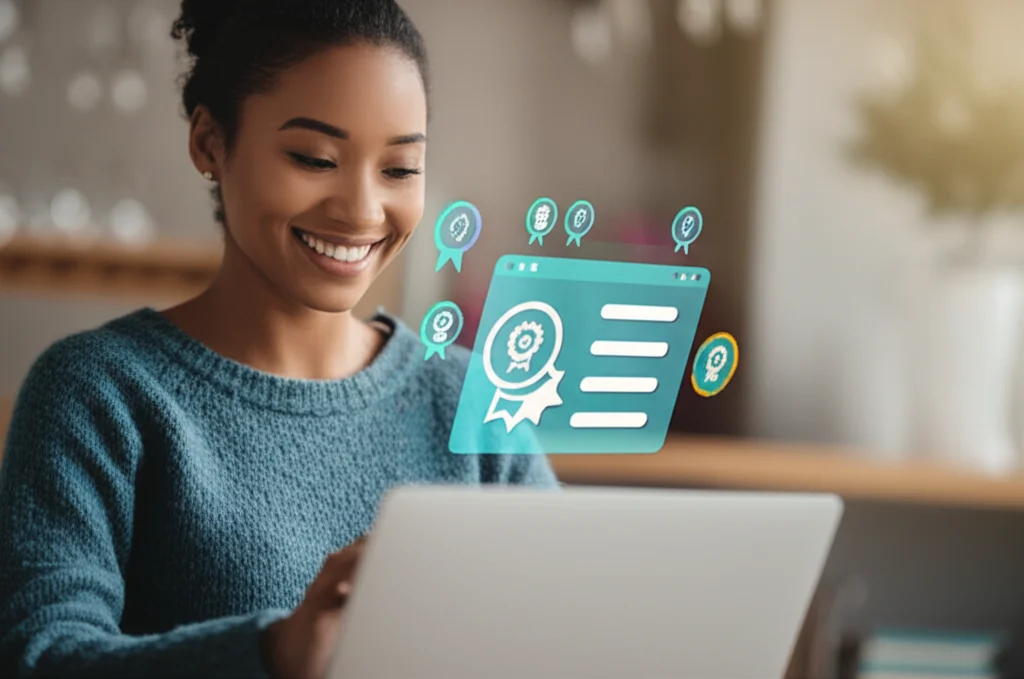 Una persona sorridente interagisce con un'interfaccia utente gamificata su un laptop, con icone di badge e progress bar visibili. L'ambiente è luminoso e accogliente. Prime lens, 35mm, depth of field, colori vivaci e positivi.