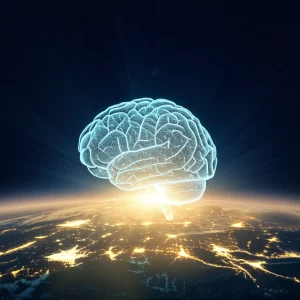 Un'immagine concettuale di un cervello digitale luminoso sovrapposto a un'immagine satellitare della Terra, con raggi di sole che lo attraversano. Simboleggia l'intelligenza artificiale applicata ai dati satellitari per la previsione dell'energia solare. Obiettivo prime 35mm, effetto duotone blu e oro, profondità di campo.