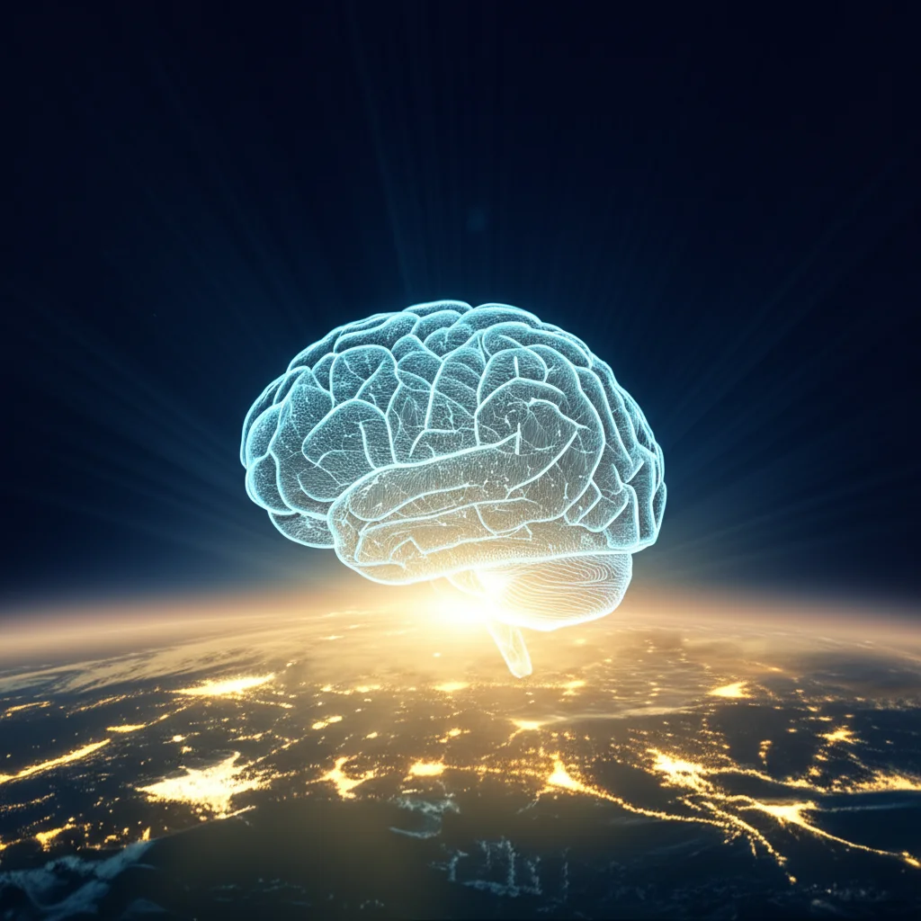 Un'immagine concettuale di un cervello digitale luminoso sovrapposto a un'immagine satellitare della Terra, con raggi di sole che lo attraversano. Simboleggia l'intelligenza artificiale applicata ai dati satellitari per la previsione dell'energia solare. Obiettivo prime 35mm, effetto duotone blu e oro, profondità di campo.