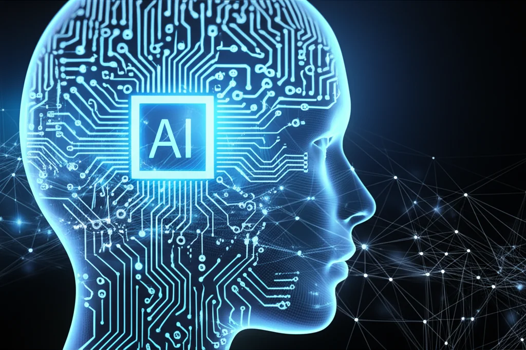 Un'immagine concettuale futuristica che mostra un cervello umano stilizzato con circuiti luminosi che si collegano a una rete di prodotti e servizi digitali. Questo simboleggia un sistema di raccomandazione AI avanzato che comprende profondamente le preferenze individuali. Prime lens, 35mm, con profondità di campo per mettere a fuoco il cervello e la rete immediata, duotone blu e argento per un look tecnologico e sofisticato.