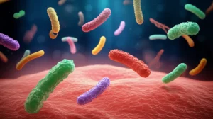 Visualizzazione artistica del microbioma orale con diverse specie batteriche colorate che interagiscono dinamicamente, su uno sfondo che richiama la mucosa orale interna, illuminazione drammatica e focalizzata, obiettivo macro 105mm per dettagli estremi, effetto bokeh sullo sfondo.