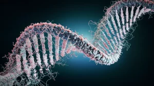 Visualizzazione artistica di una doppia elica di DNA che si trasforma in complesse reti di interazione proteica, simboleggiando la ricerca sulle firme genetiche del cancro. Obiettivo macro 90mm, illuminazione drammatica laterale, dettagli ultra-precisi sulle strutture molecolari.