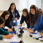Foto realistica di future maestre d'infanzia, in un'aula universitaria luminosa, che lavorano in gruppo attorno a un tavolo con un kit MatataLab. Alcune programmano sulla plancia, altre osservano il robottino muoversi. Obiettivo prime 35mm, profondità di campo che mette a fuoco il gruppo centrale lasciando lo sfondo leggermente sfocato, luce naturale da finestra laterale.