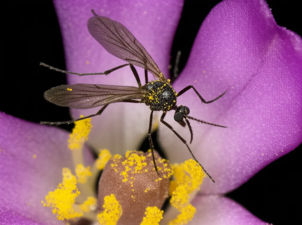 Fotografia macro ad altissima definizione di un moscerino pungente (Forcipomyiinae) mentre visita un piccolo fiore scuro di Vincetoxicum aristolochioides. L'insetto è ricoperto di polline giallo brillante, chiaramente visibile sul suo corpo e sulle zampe. Obiettivo macro 105mm, illuminazione da studio controllata per massimizzare i dettagli e il contrasto tra l'insetto scuro, il fiore e il polline. Profondità di campo ridotta per isolare il soggetto.