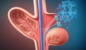 Illustrazione medica stilizzata che mostra la correlazione tra molecole di acido urico e l'antigene prostatico specifico (PSA) nel corpo umano, con focus sulla ghiandola prostatica ingrandita. Luce da studio, dettagli molecolari precisi, sfondo neutro.