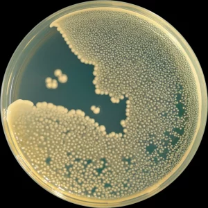 Immagine macro di colonie di Mycobacterium tuberculosis su un terreno di coltura, con illuminazione controllata per evidenziare i dettagli, obiettivo macro 90mm.