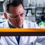 Prime lens, 35mm, un ingegnere in un laboratorio ispeziona con attenzione una trave di calcestruzzo precompresso corazzata con fibre di polipropilene, illuminata da una luce da laboratorio che ne evidenzia la texture e le potenziali microfessure, sfondo con attrezzature da laboratorio, depth of field per mettere a fuoco la trave e l'ingegnere.