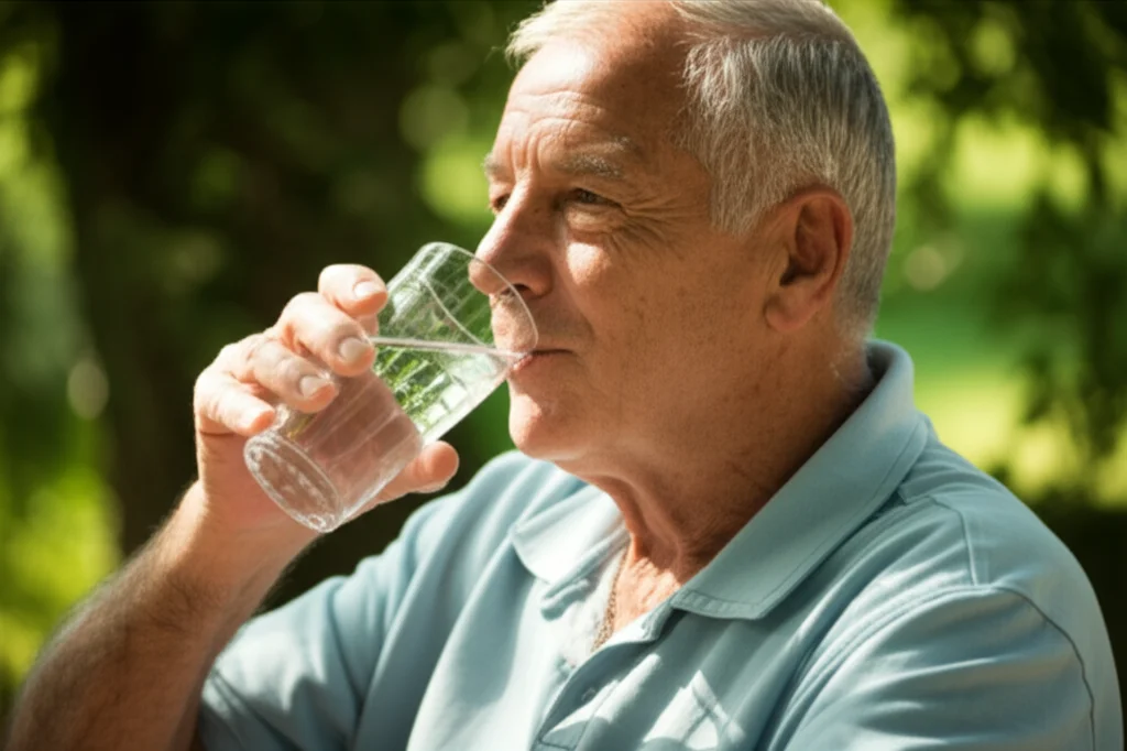 Ritratto fotografico di un uomo anziano che beve un bicchiere d'acqua seduto all'ombra in una giornata visibilmente calda, espressione di sollievo, luce naturale filtrata, 50mm prime lens, depth of field per isolare il soggetto, colori naturali.