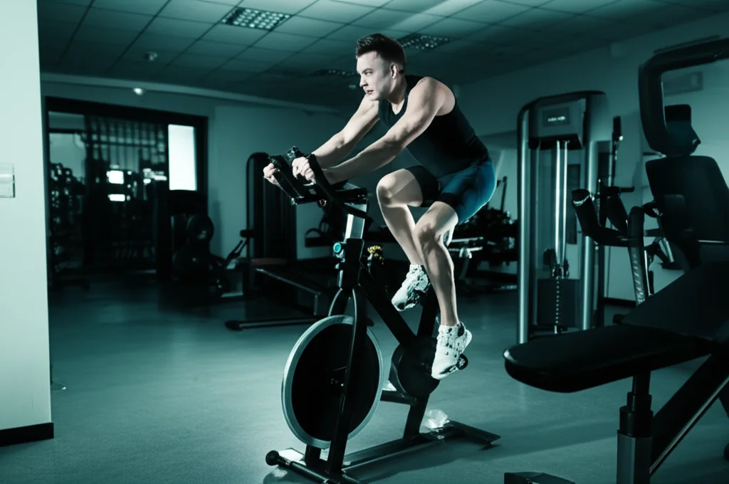 Un atleta determinato pedala intensamente su una cyclette in una palestra moderna e luminosa, indossa auricolari neri Hera Leto. La luce laterale crea un effetto drammatico, mettendo in risalto la concentrazione e la tecnologia. Obiettivo prime, 35mm, profondità di campo, duotone blu e grigio per un'atmosfera high-tech e sportiva.