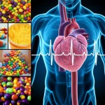 Un collage di immagini che mostra da un lato cibi ultra-processati colorati e invitanti (patatine, dolci confezionati, bibite) e dall'altro un cuore umano stilizzato con un elettrocardiogramma che mostra un tracciato irregolare. L'immagine deve essere fotorealistica, con un obiettivo da 50mm per un effetto naturale, e una leggera vignettatura per concentrare l'attenzione al centro. Illuminazione drammatica.